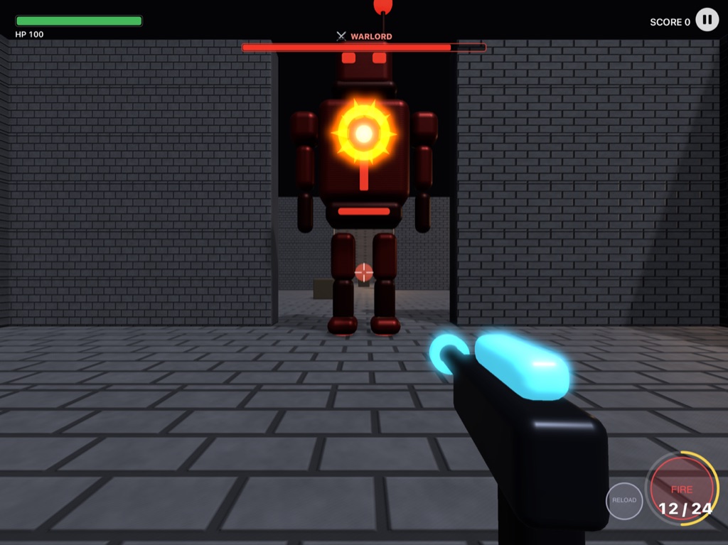 Aftershock Arena gameplay — first-person view of a glowing laser blaster facing the giant red Warlord robot inside a stone castle