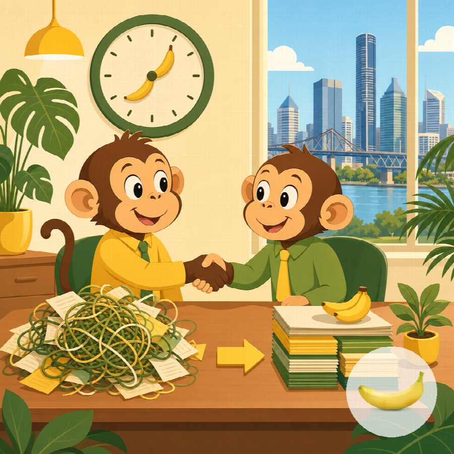 Monkey Code's cartoon monkey consultants turning a tangle of work into a tidy stack, Brisbane skyline behind