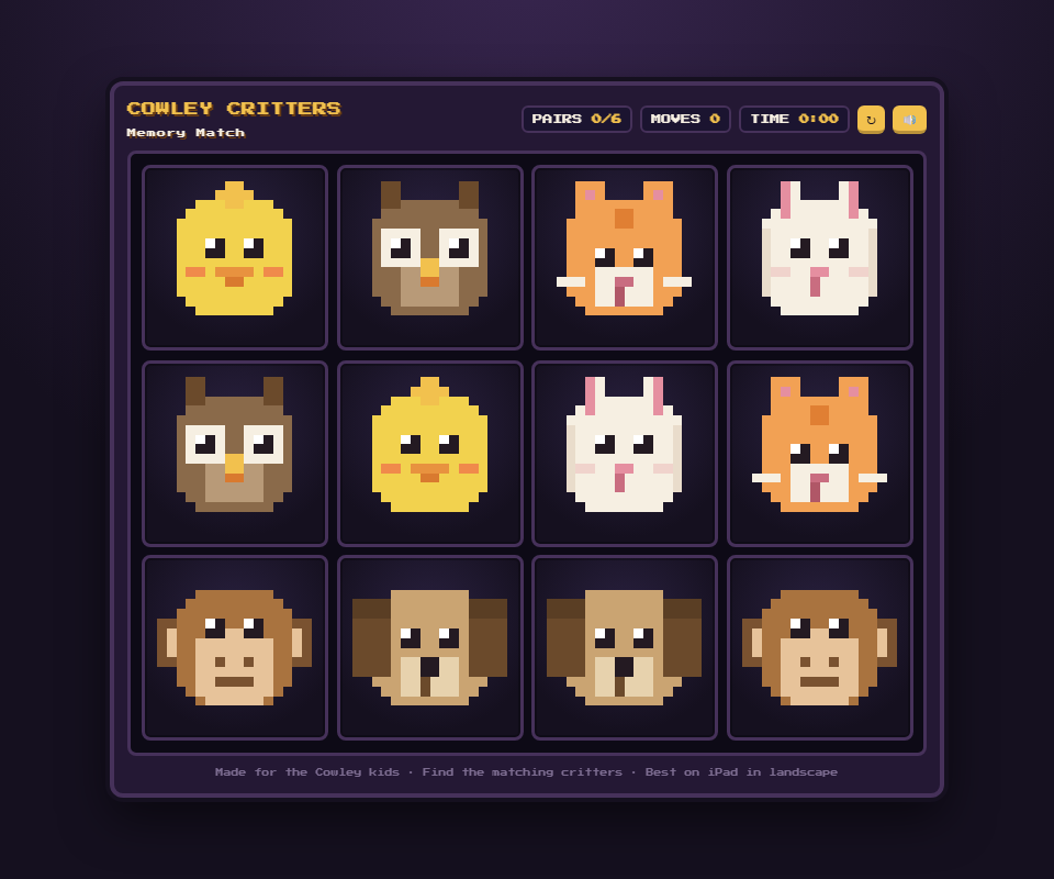 Cowley Critters — pixel-art browser game screenshot
