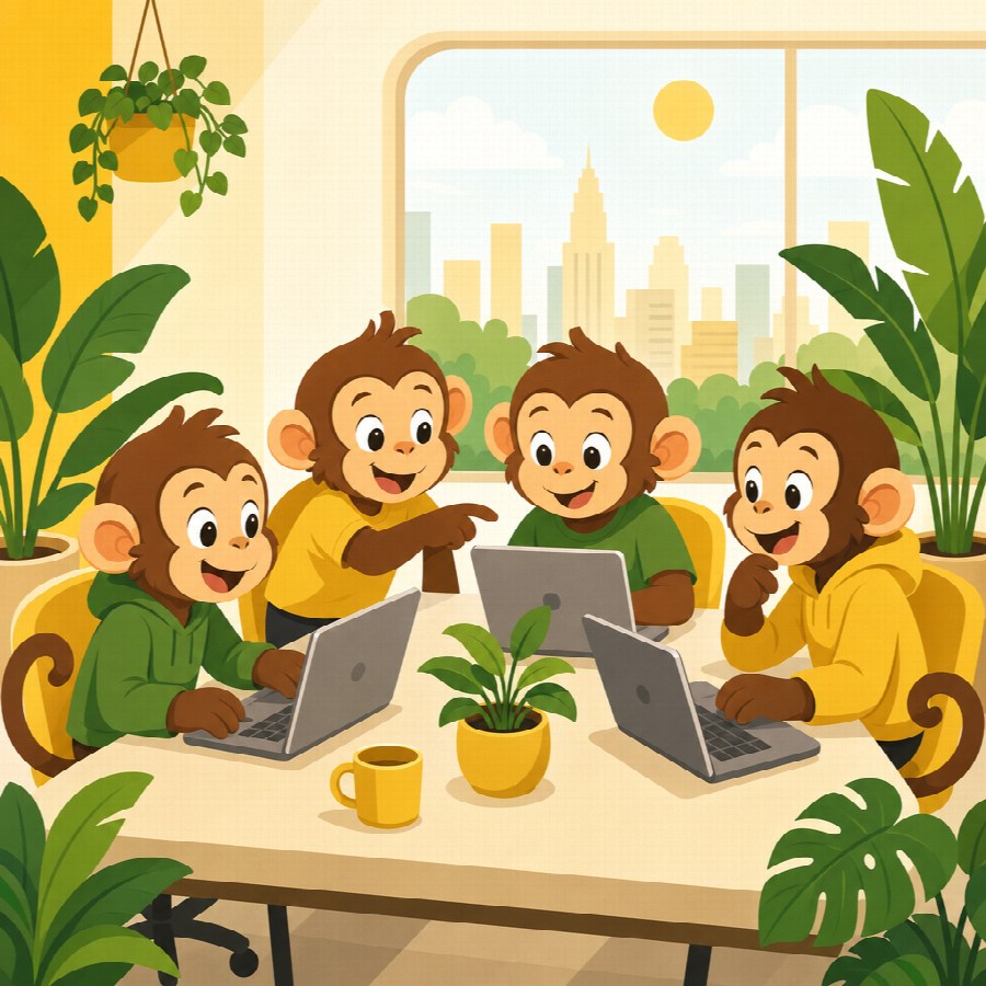 Four cartoon Monkey Code monkeys working together at laptops, Brisbane skyline behind