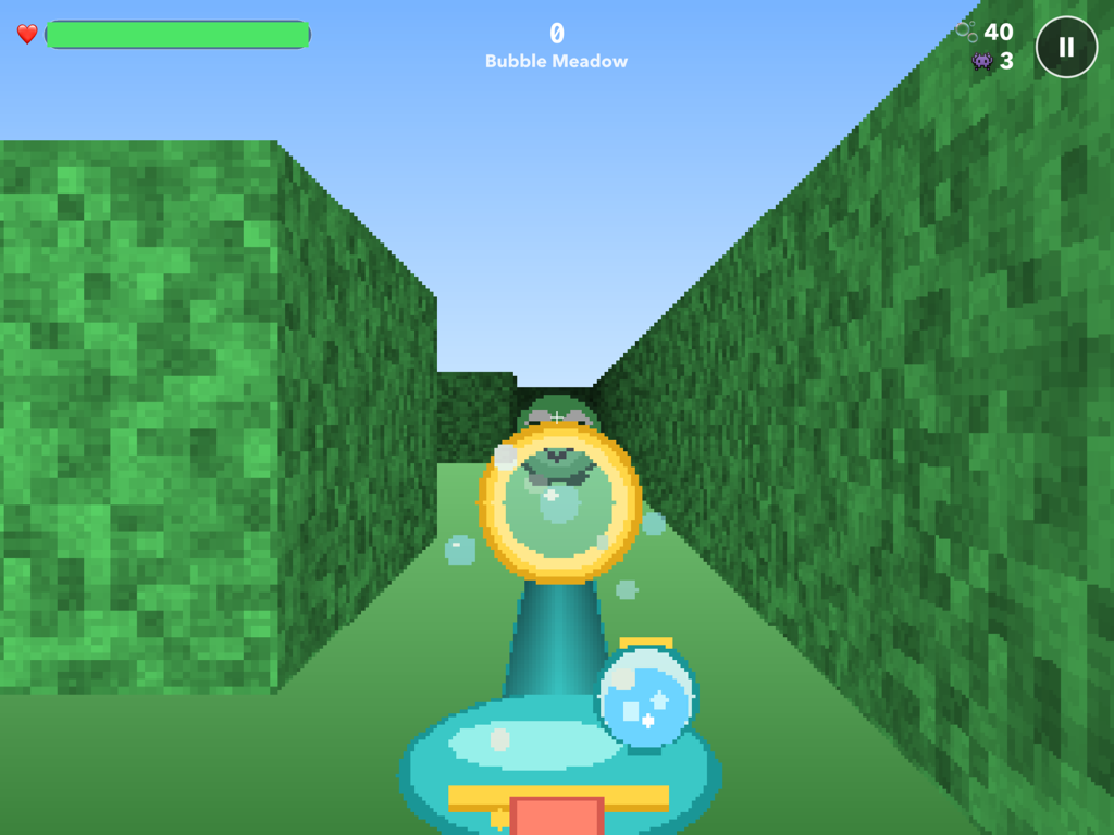 Bubble Maze gameplay — a first-person view down a bright green hedge maze, aiming a toy bubble blaster at a little monster