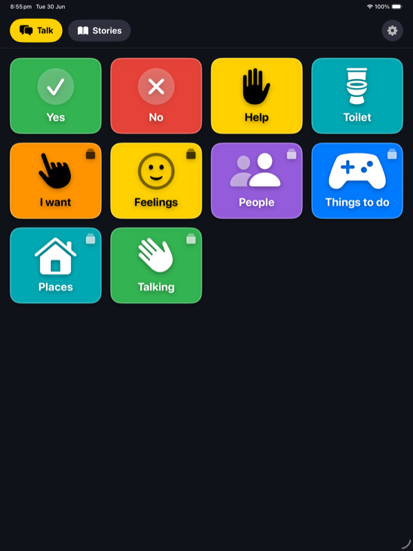 The talk board — colourful picture buttons like Yes, No, Help, Feelings and People