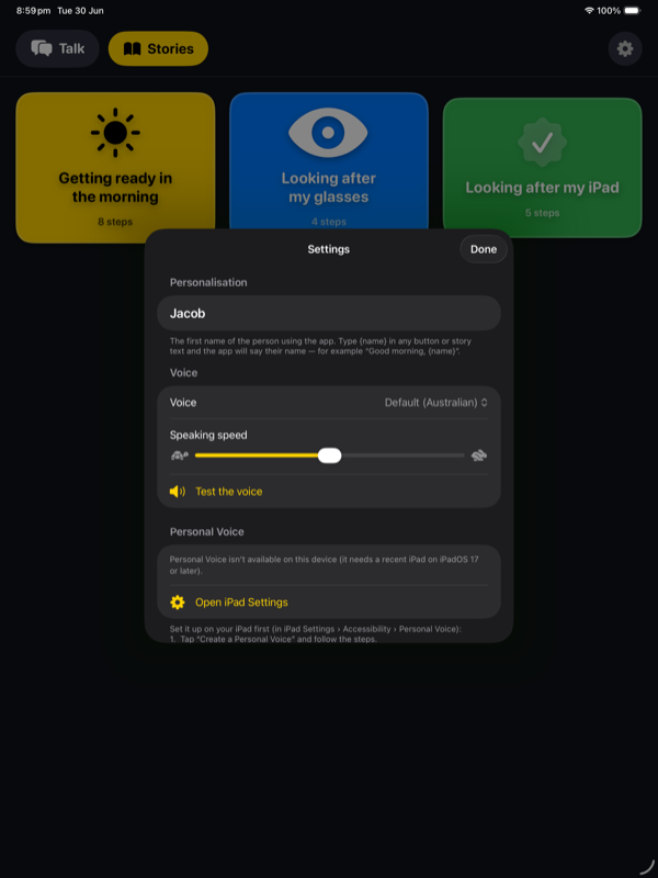 Carer settings — personalisation, voice and speaking speed