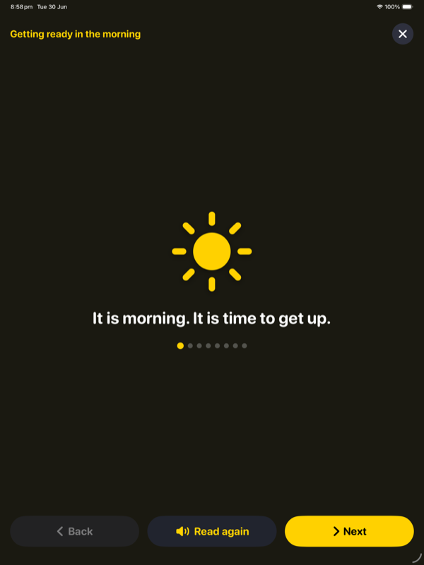 A social story playing — a big picture with a sentence read aloud, and a Next button
