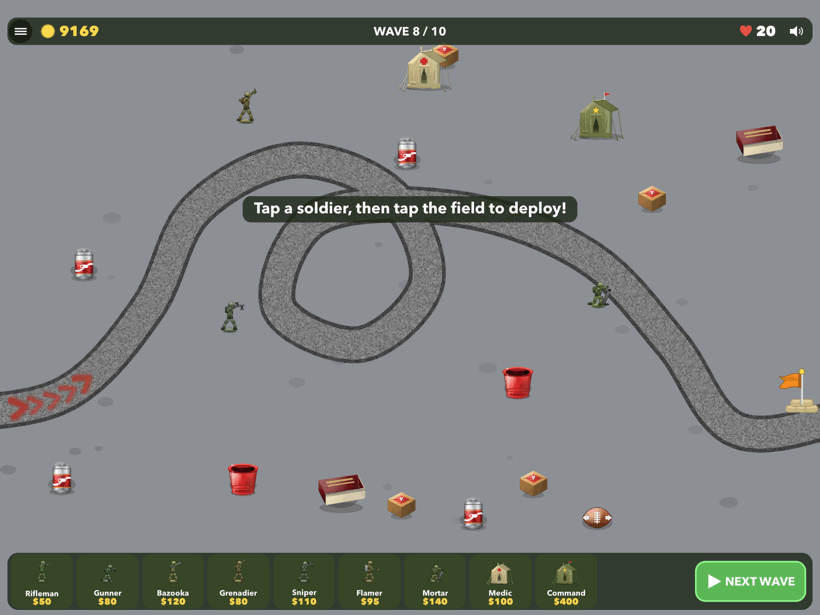 Plastic Platoon gameplay — defending a winding cobblestone road against enemy tanks